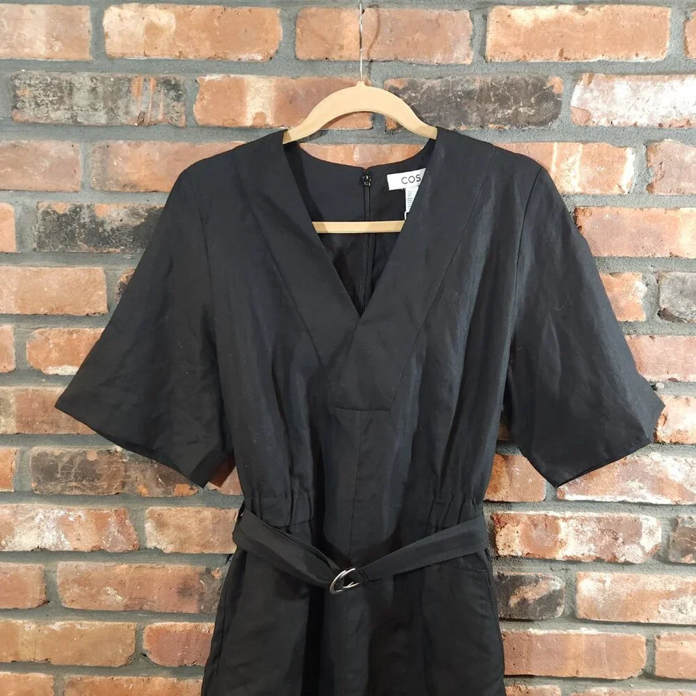 NWT COS Black Linen Blend Belted V-neck Romper Minimalist Summer Women's 6